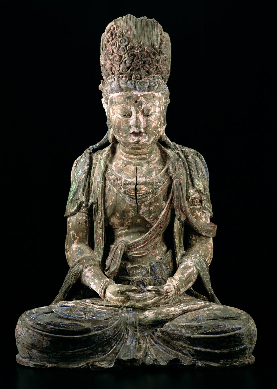Stor sittende bodhisattva i meditasjon, Jin-dynastiet (1115-1234) (tre og pigment) (se 206545) av Chinese School