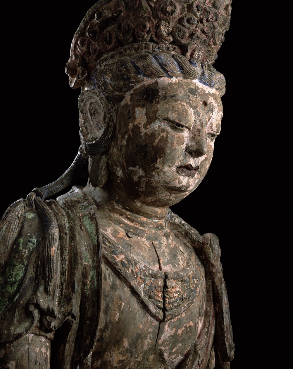 Stor sittende bodhisattva i meditasjon, Jin-dynastiet (1115-1234) (tre og pigment) (detalj) (se 206544) av Chinese School