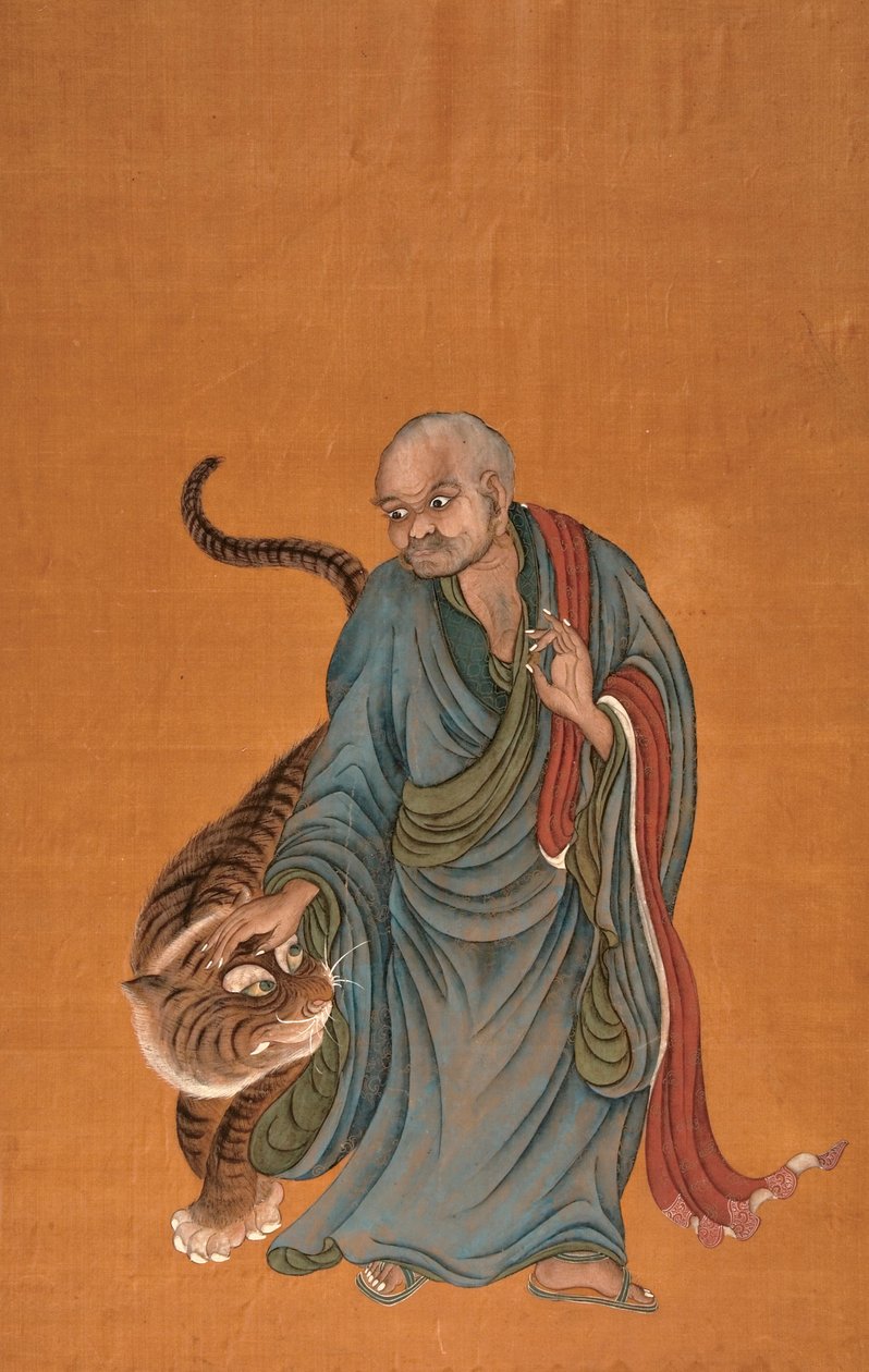 Lohan med tiger, slutten av 1700- til begynnelsen av 1800-tallet (farge på silke) av Chinese School