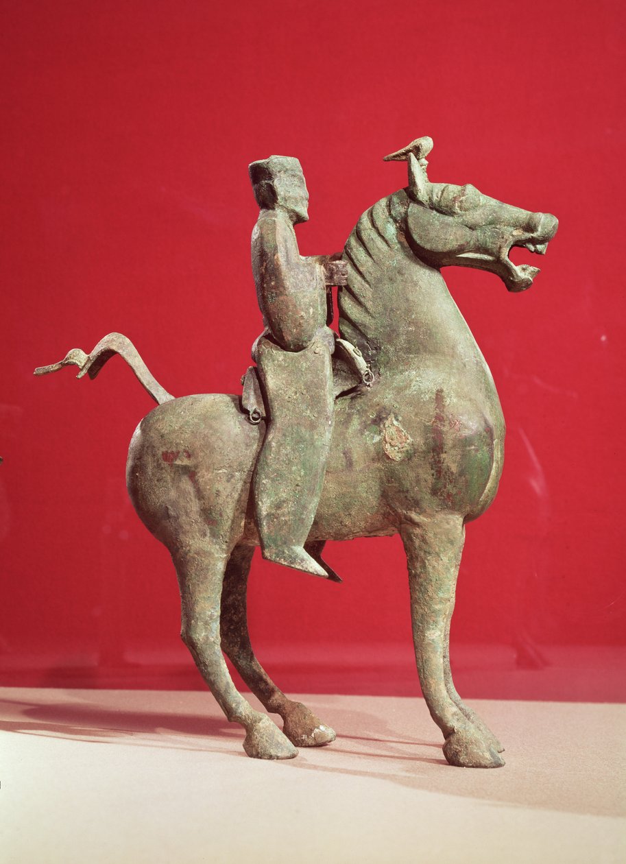 Mann til hest, fra Wu-wei, Kansu, østlige Han-dynastiet (bronse) av Chinese School