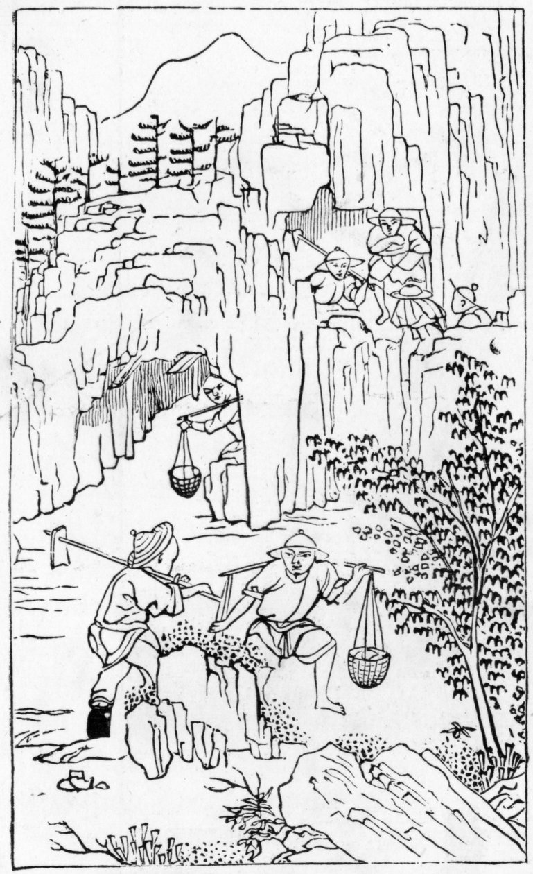 Gruvedrift for hvit leire, fra en serie illustrasjoner av produksjon av Kina (se 384116 og 384117 for hele serien) av Chinese School