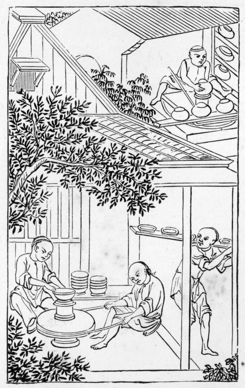 Støping og plassering på pottemakerhjulet, fra en serie illustrasjoner om fremstilling av porselen (se 384116 og 384117 for hele serien) av Chinese School