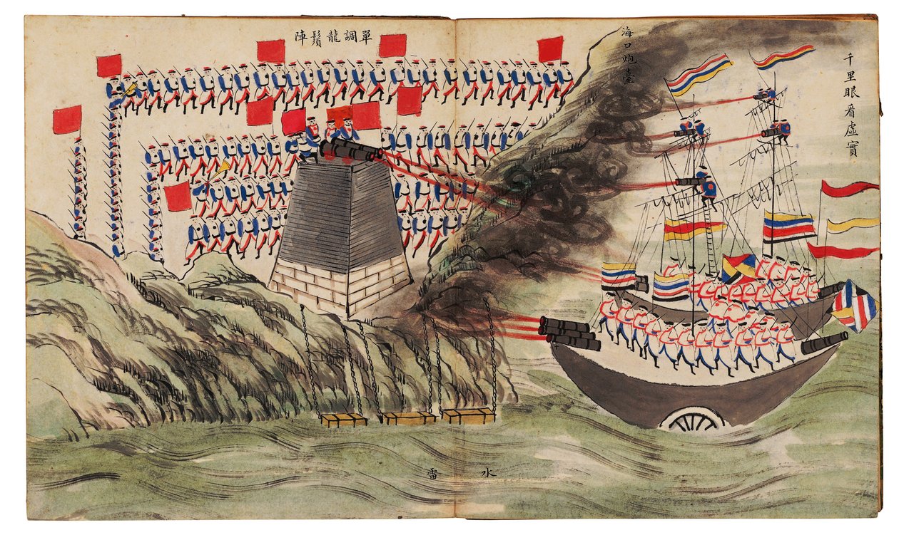 Sjøkampscene ved Dagu- eller Taku-fortene, andre opiumskrig, 1859 av Chinese School