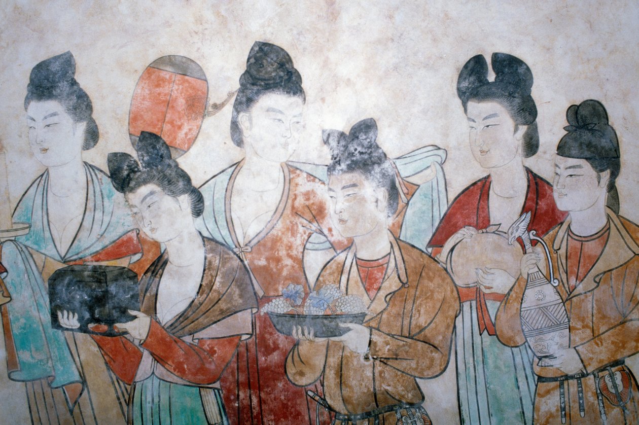 Tilbud av gaver, veggmaleri fra graven til Wu Tse Tien, Chien-gravene, Tang-dynastiet, Kina, Shan Xi, 800-tallet av Chinese School