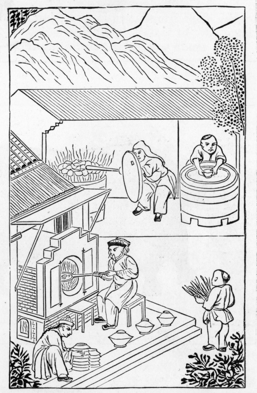 Åpning og lukking av ovner, fra en serie illustrasjoner om fremstilling av porselen (se 384116 og 384117 for hele serien) av Chinese School