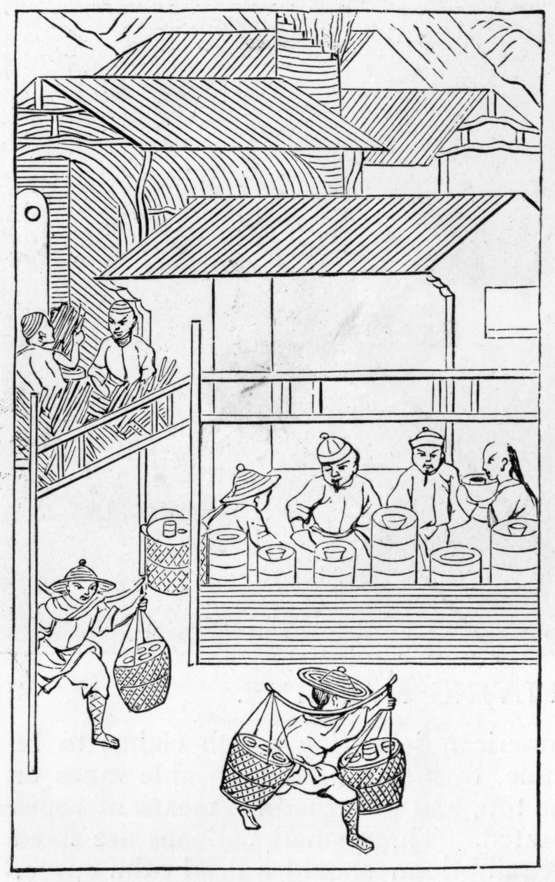 Pakking og transport av ferdige produkter, fra en serie illustrasjoner om fremstilling av Kina (se 384116 og 384117 for hele serien) av Chinese School