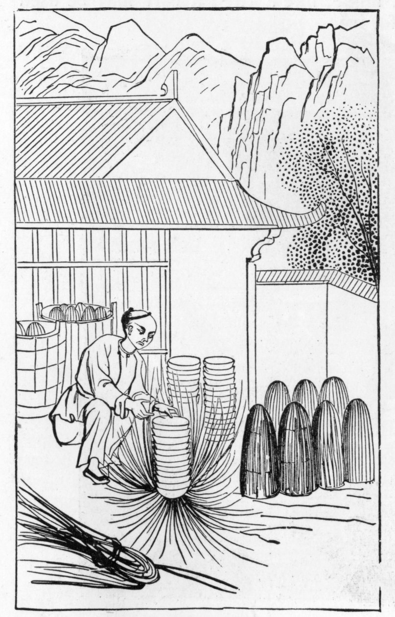 Pakking av porselen, fra en serie illustrasjoner om fremstilling av porselen (se 384116 og 384117 for hele serien) av Chinese School