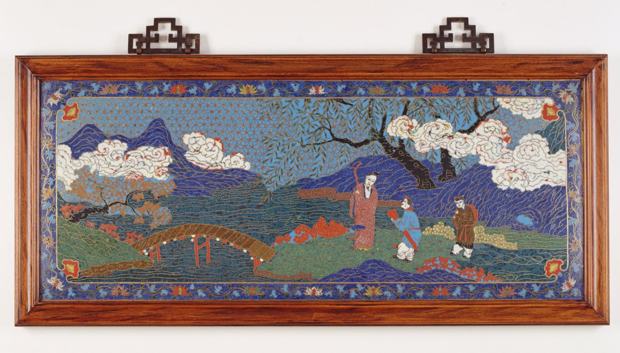 Panel som viser et kinesisk landskap, Ming-dynastiet (cloisonne-emalje) av Chinese School