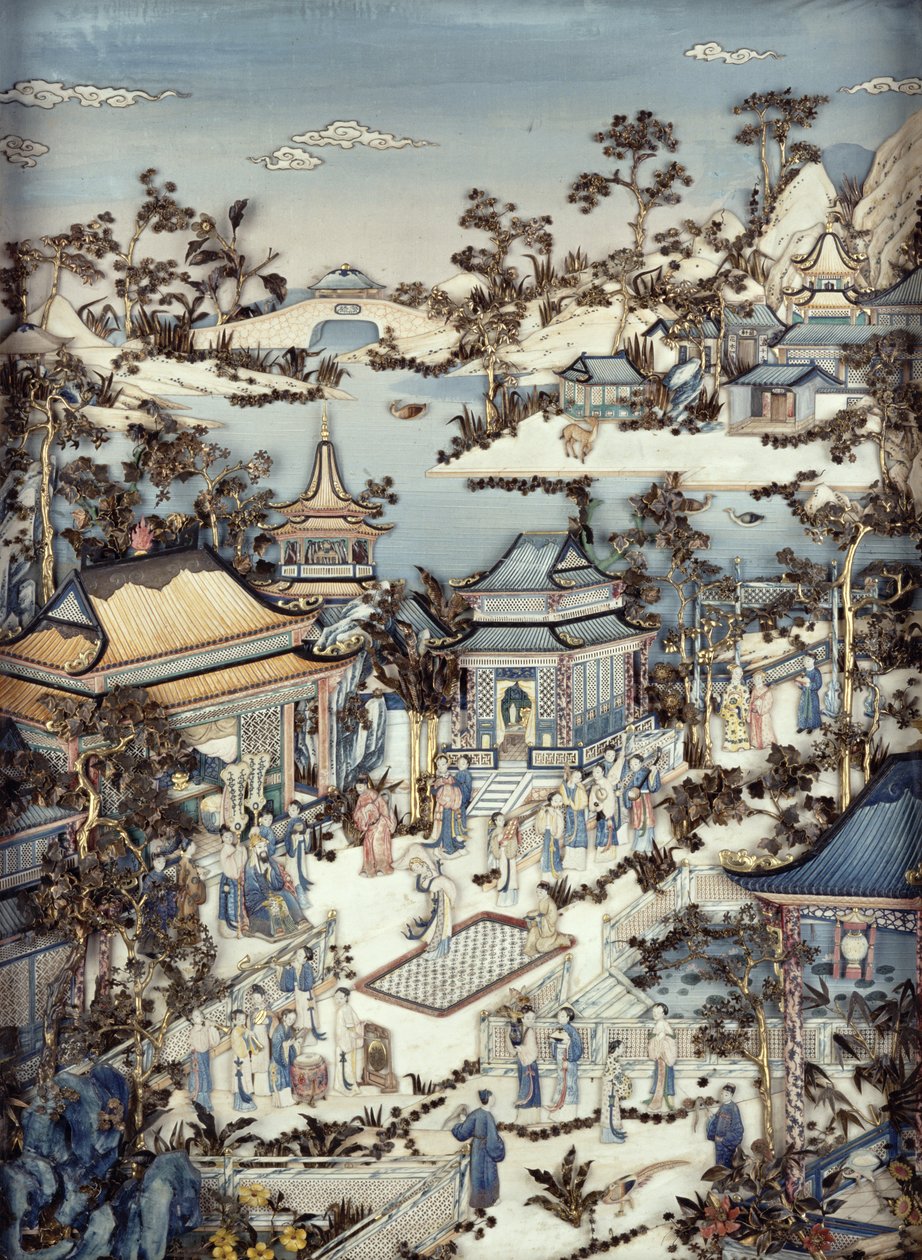 Panel som viser en dignitær med ledsagere som ser på en kvinnelig danser, Qianlong-perioden, 1736-95 (en av et par) (polykrom elfenben) (se 206572) av Chinese School