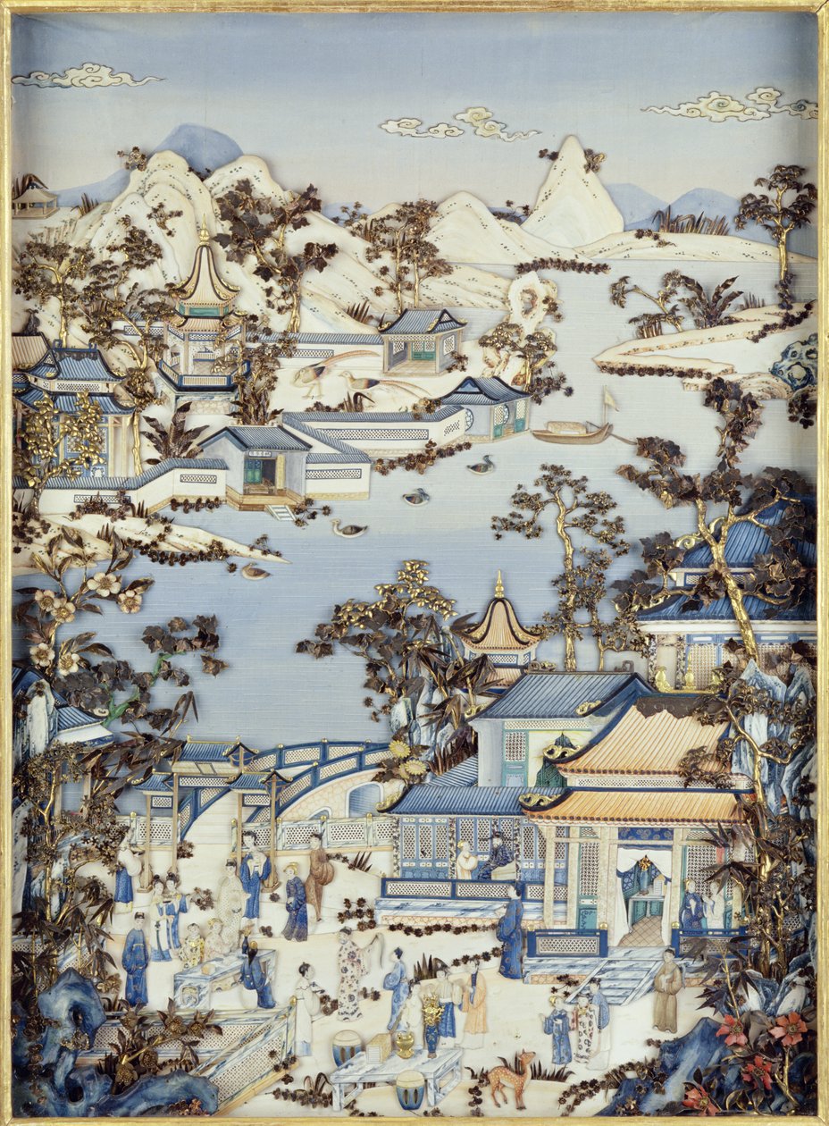 Paneler som viser figurer på en terrasse, Qianlong-periode, 1736-95 (polykrom elfenben) (en av et par) (se 206571, 206573) av Chinese School