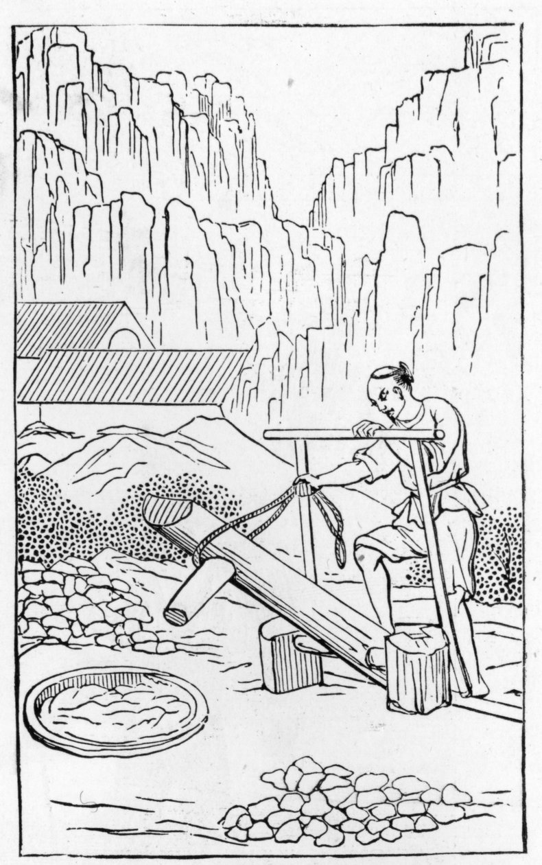 Pounding the clay, fra en serie illustrasjoner av fremstilling av Kina (se 384116 og 384117 for hele serien) av Chinese School