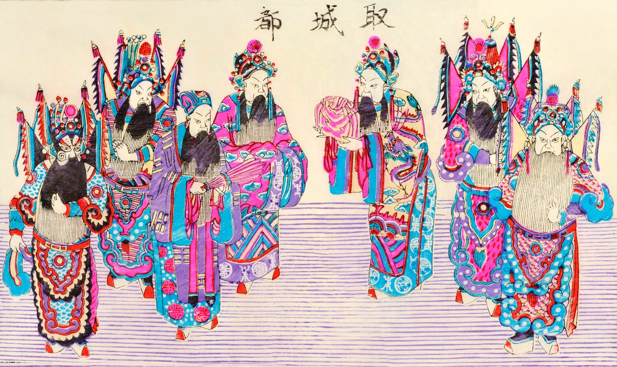 Trykk av en kinesisk operascene (fargetre på papir) av Chinese School