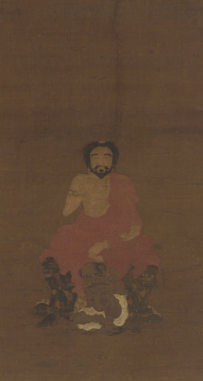 Sakyamuni sitter på tre demonlignende skapninger, muligens Yuan-tidlige Ming-dynastiet, 1300-1400-tallet av Chinese School