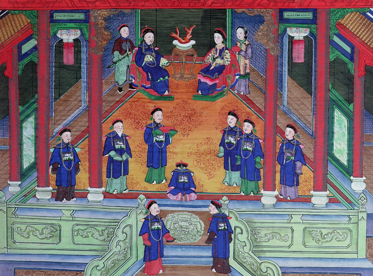 Scene som viser en kinesisk keiserlig tjenestemann hjemme sittende med sin kone (gouache på silke) av Chinese School