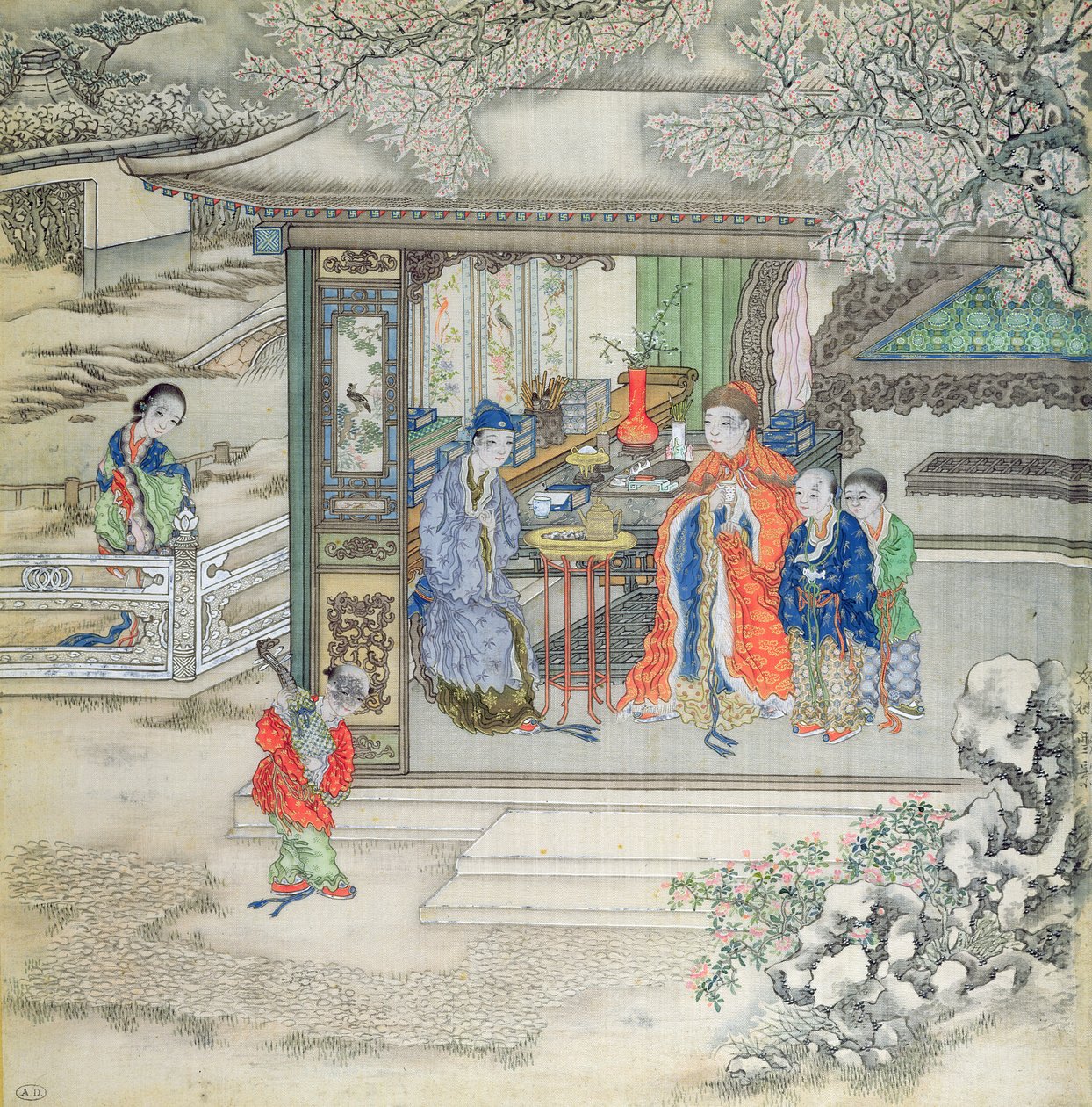 Scene i en hage med en familie som tar imot besøkende (gouache på silke) av Chinese School
