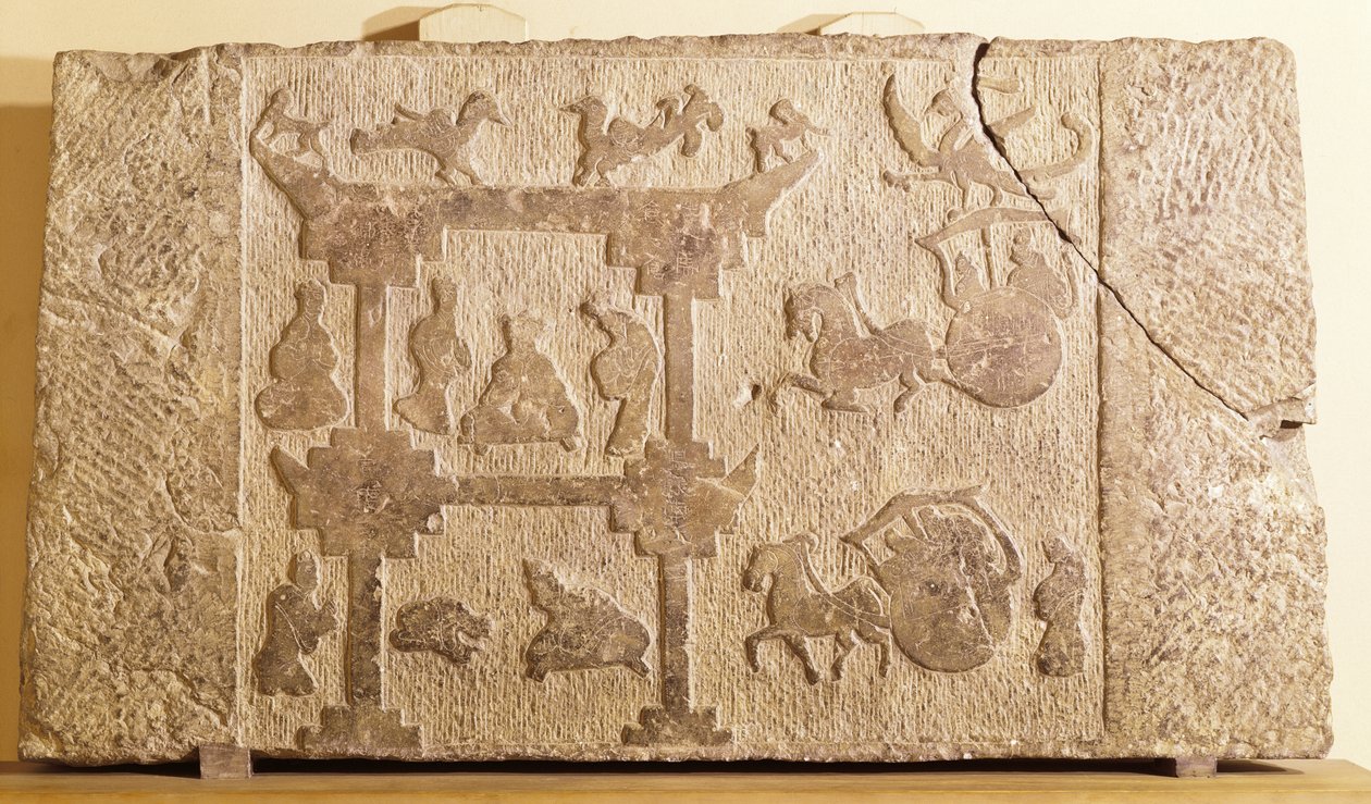 Plate dekorert med vogner og mytiske fugler, Han-dynastiet (206 f.Kr.-220 e.Kr.) (sandstein) av Chinese School
