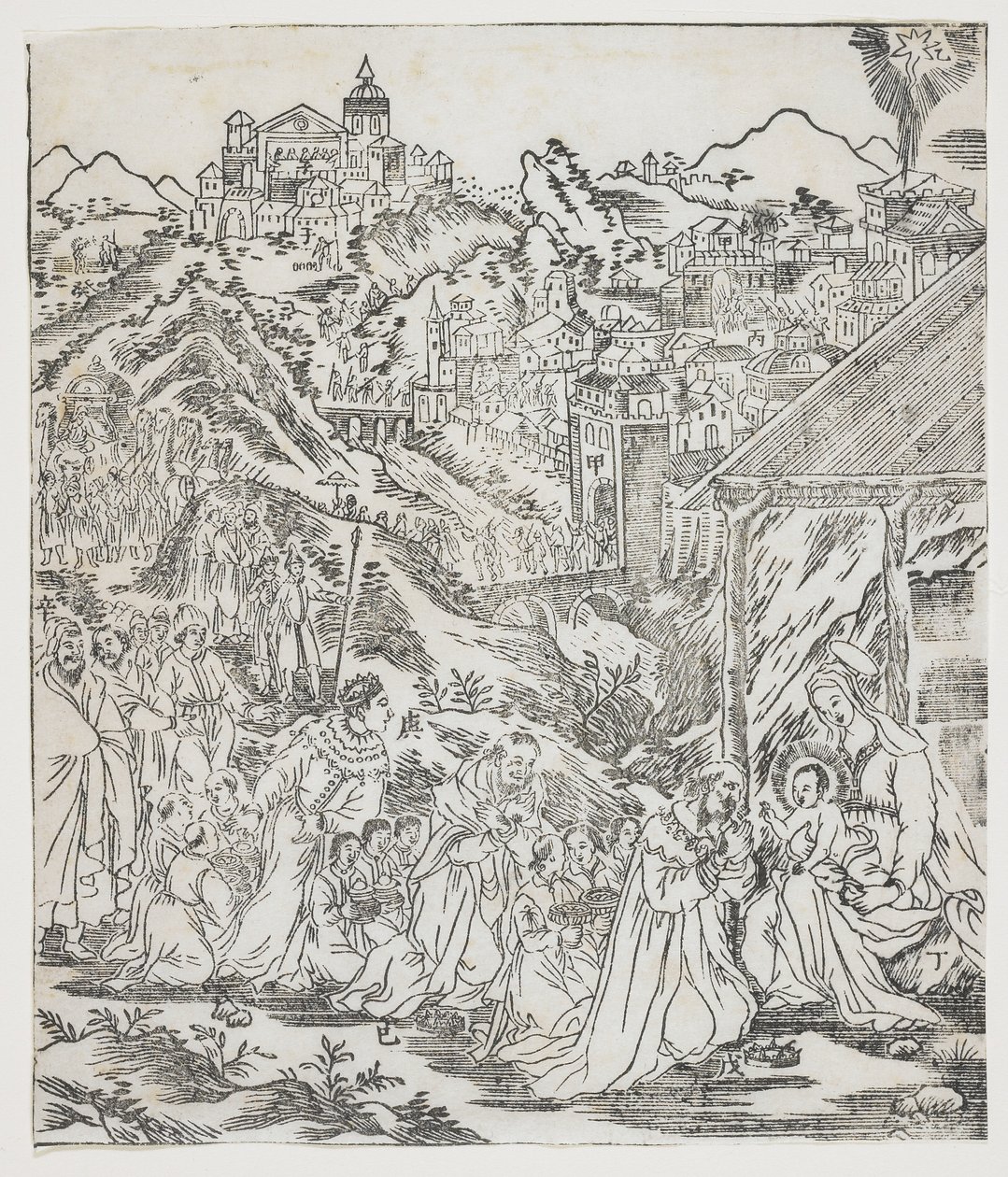 The Adoration of Christ, tallerken fra Giulio Alenis Tianzhu jiangsheng zhuxiang jingjie (En illustrert historie om himmelens Herre som ble inkarnert i kjødet), Jinjiang kirke, Fujian-provinsen av Chinese School
