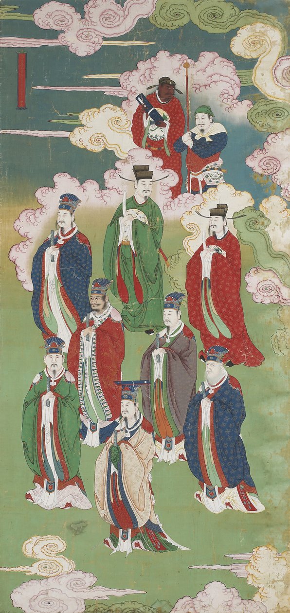 The Exalted Emperors and The Gods of the Five Directions, fra et buddhistisk land- og vannritualsett (blekk, farger og gull på silke) av Chinese School