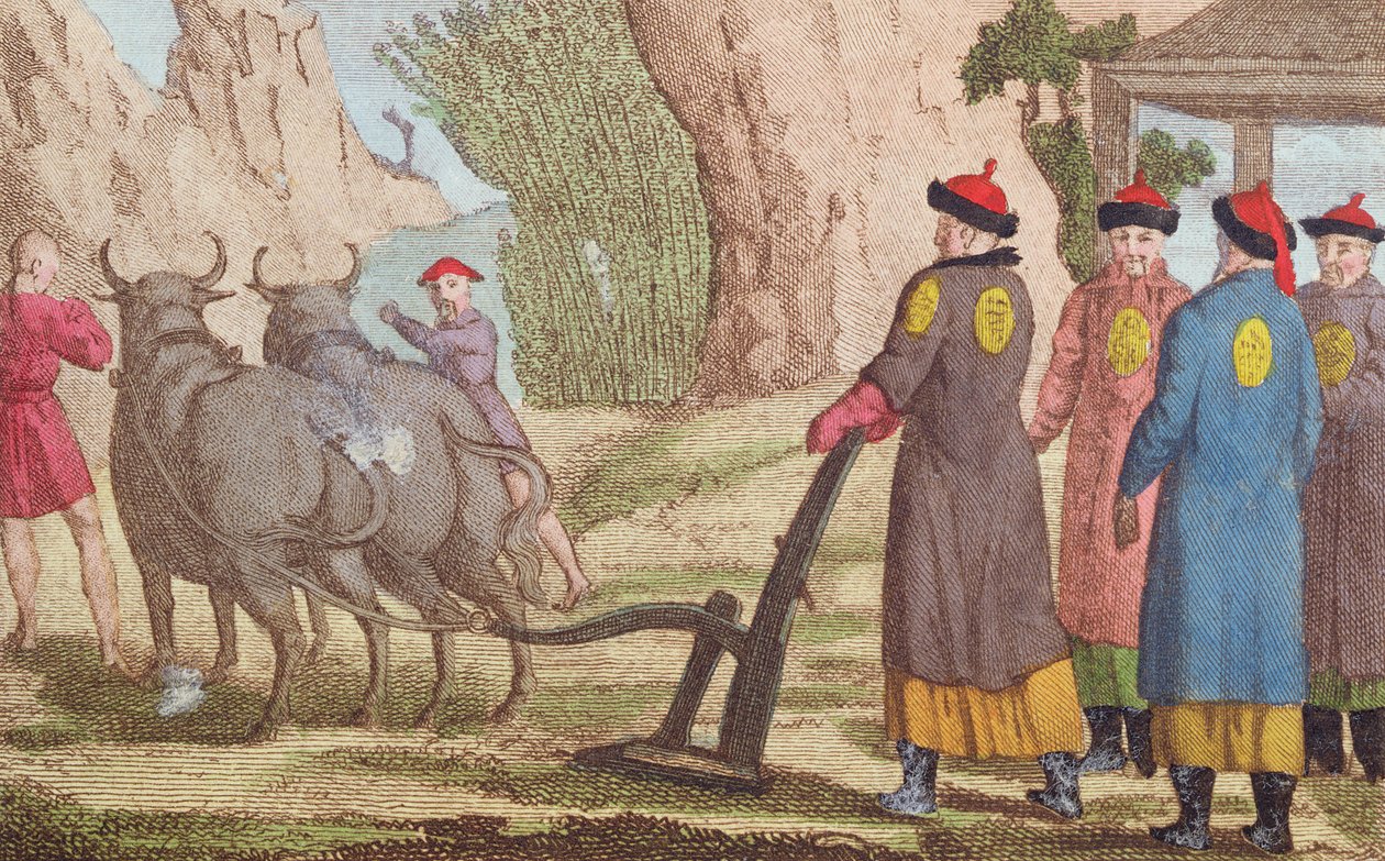 The Ploughing Festival in China, frontispice-illustrasjon for La Chine en Miniature, av J.B. Breton, Paris, redigert av Nepveu, 1811 (fargegravering) av Chinese School