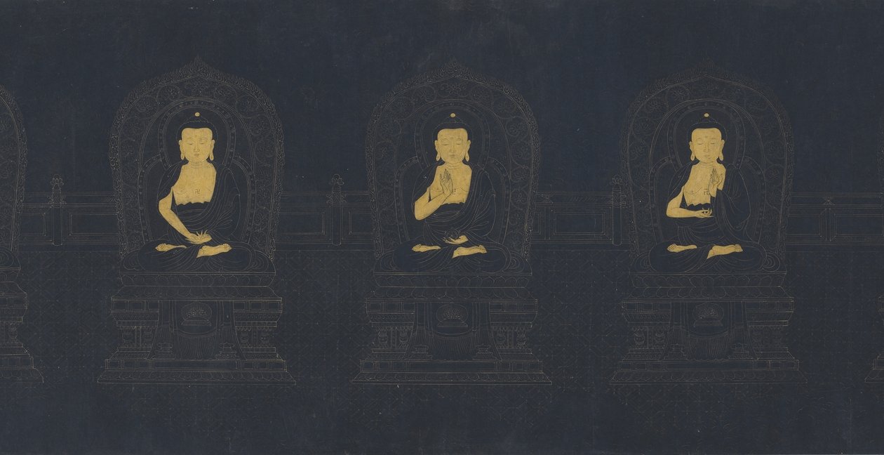 De syv buddhaene fra fortiden, muligens Ming-dynastiet (gull og hvitt pigment på mørkeblått papir) av Chinese School