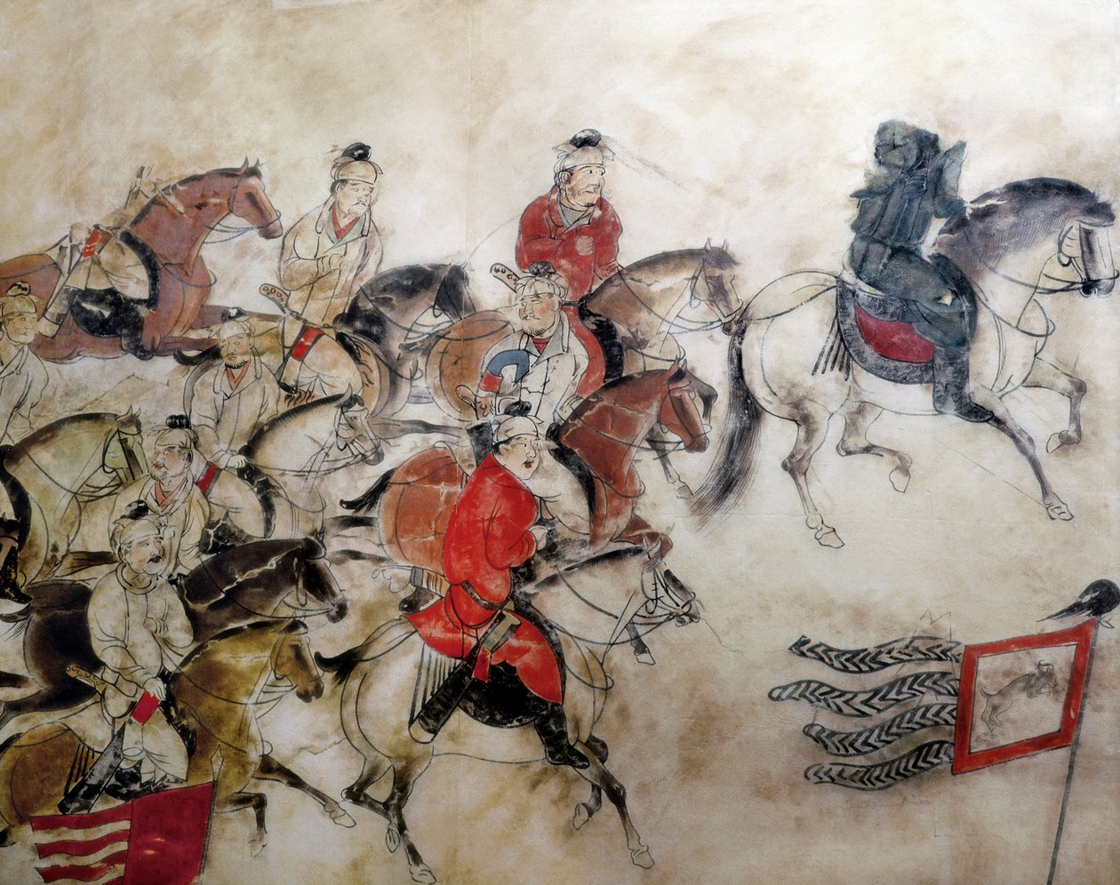 Prins Zhanghuais grav, jaktscene med hester, Xian, Han-perioden, 706 (veggmaleri) av Chinese School