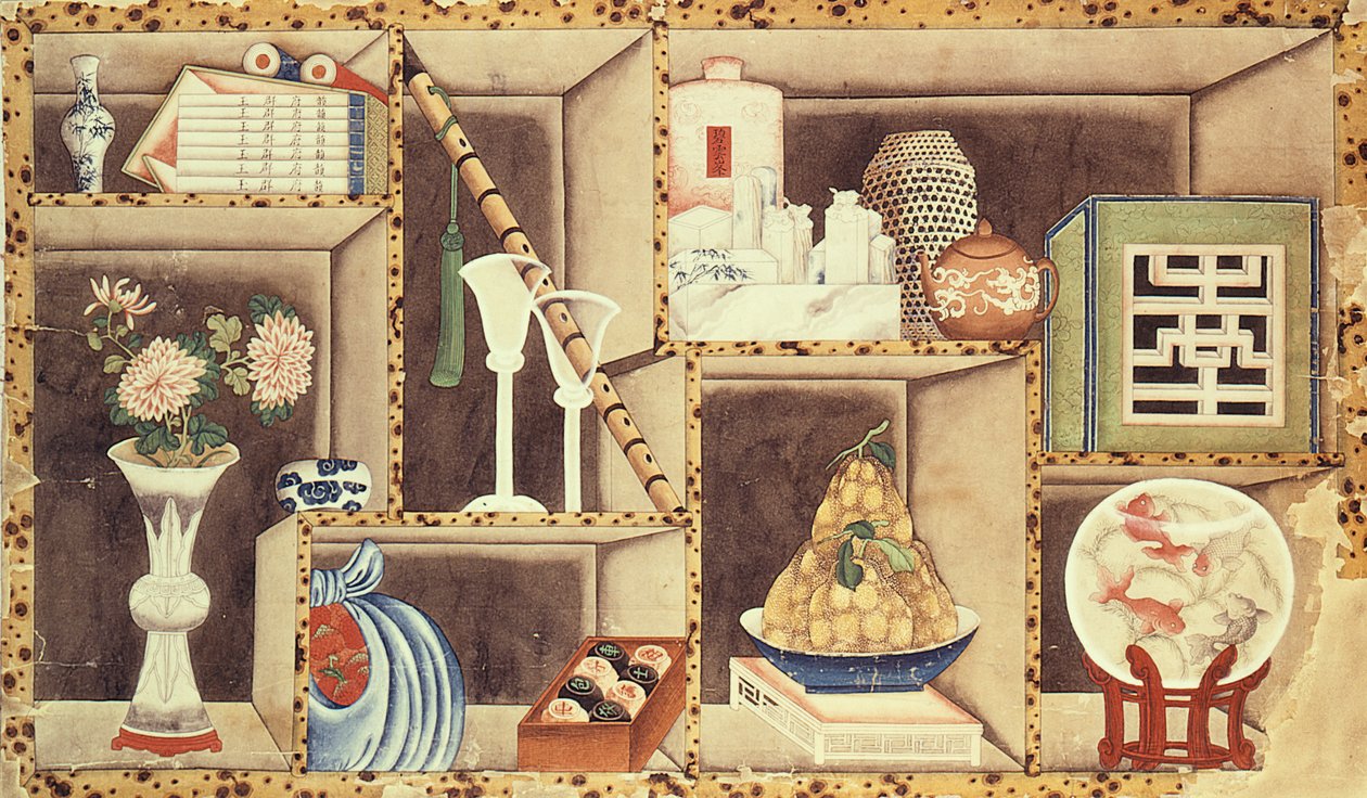 Trompe lOeil of Chinese Objects (wc på papir) av Chinese School