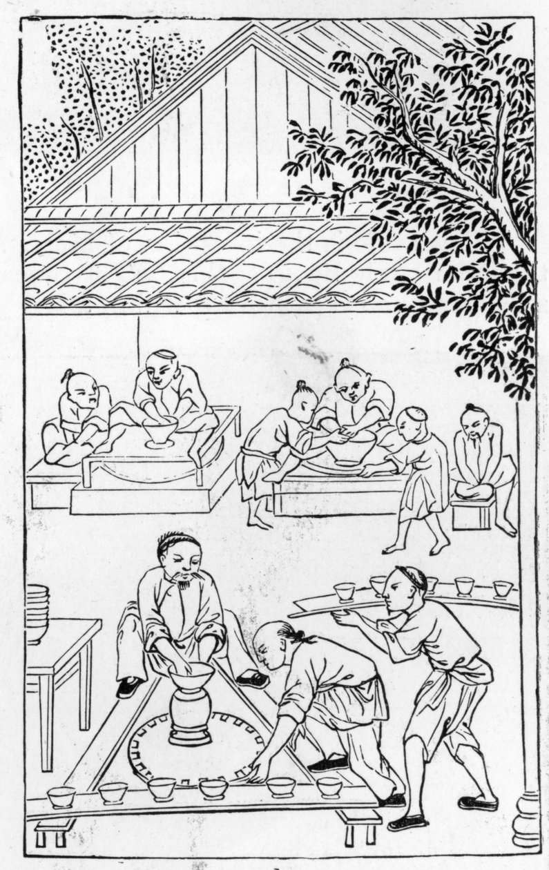 Dreiekopper, fra en serie illustrasjoner om fremstilling av porselen (se 384116 og 384117 for hele serien) av Chinese School