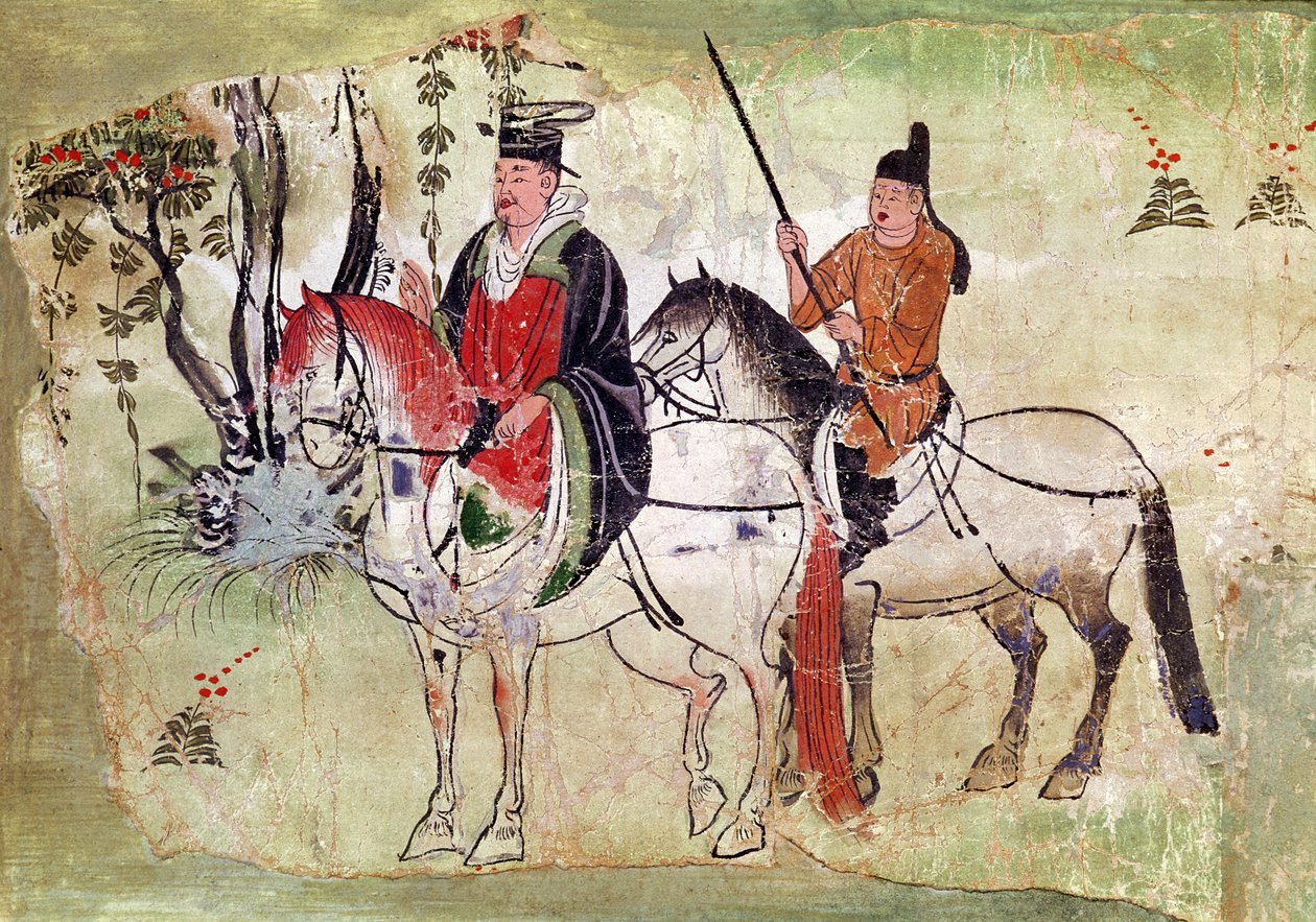 To ryttere i et landskap av, The Bodhisattva and his Equerry, Tang Period (malt stein) av Chinese School