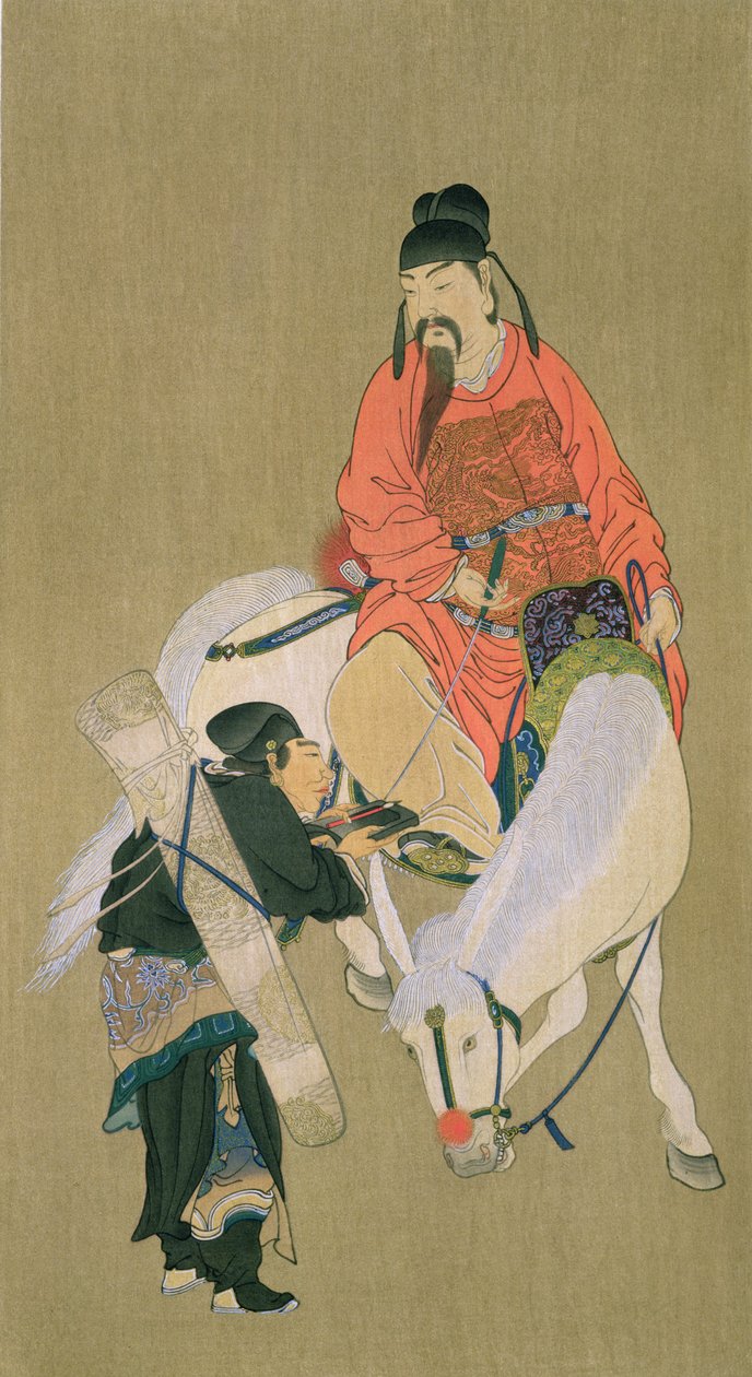Wen Cheng Hsing, lykkeguden, illustrasjon publisert i The Kokka magazine, Japan, 1900-01 av Chinese School