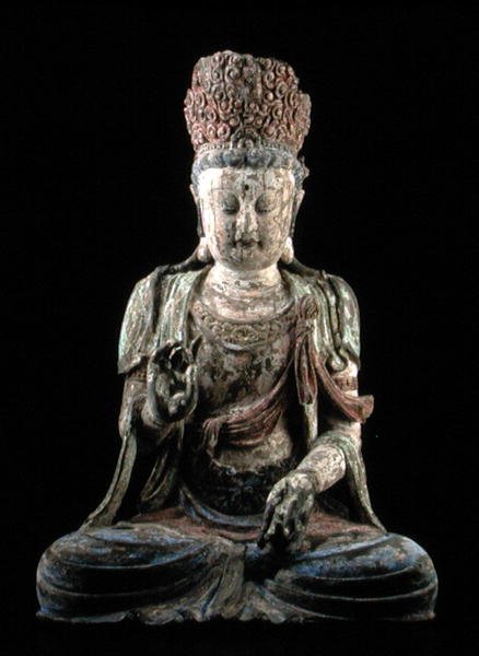 Stor sittende bodhisattva med løftede hender, Jin-dynastiet (1115-1234) (tre og pigment) (se 206547) av Chinese School Chinese School