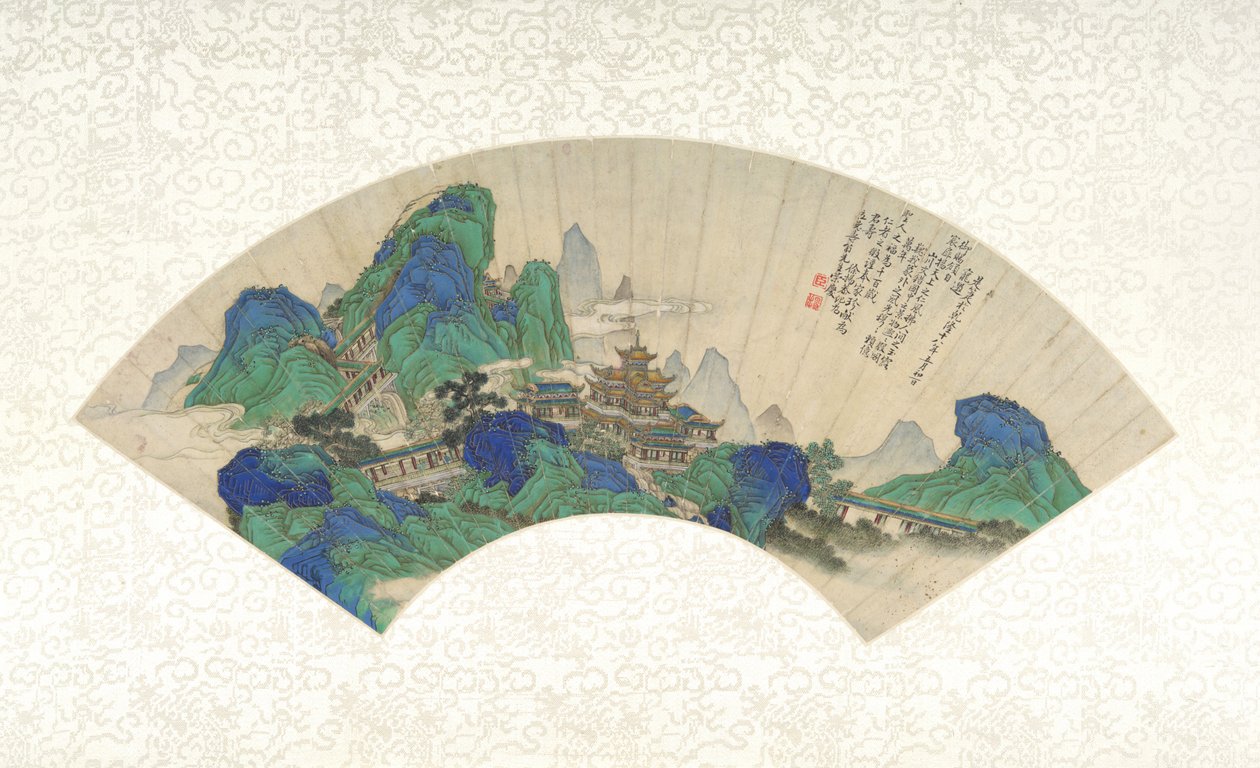 Palaces of the Immortals, sammenleggbar vifte montert som et albumblad, 1753 (blekk, farge og gull på papir) av Chinese School Chinese School