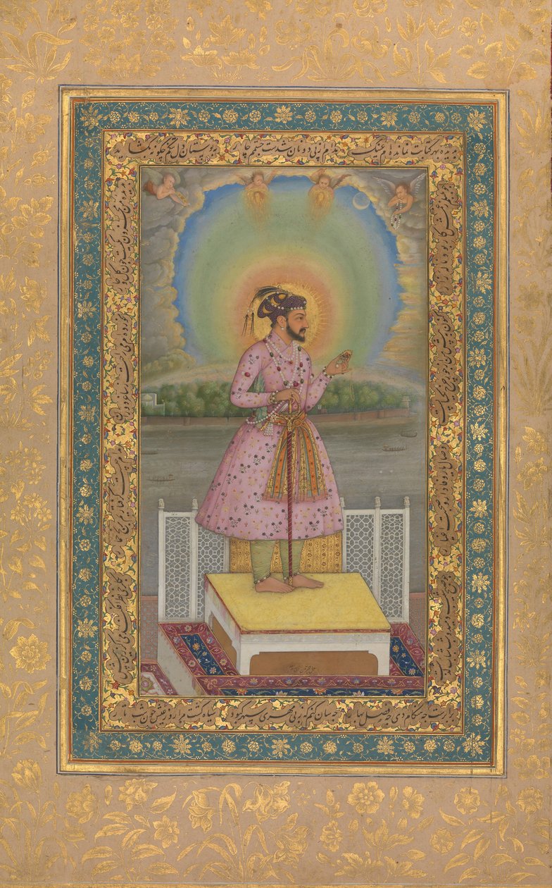 Shah Jahan på en terrasse, holder et anheng med sitt portrett, folio..., 1627-28. av Chitarman