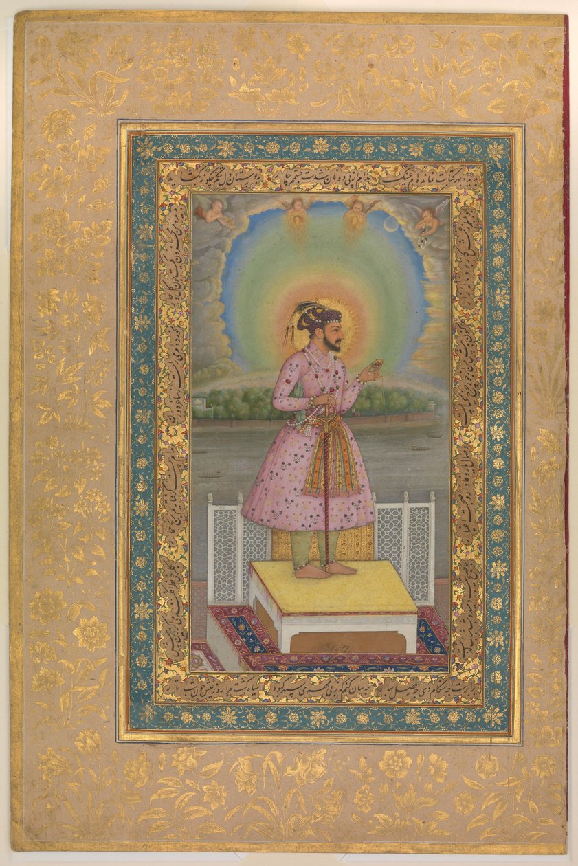 Shah Jahan på en terrasse, holder et anheng med sitt portrett, folio fra Shah Jahan-albumet, recto: 1627–28 av Chitarman