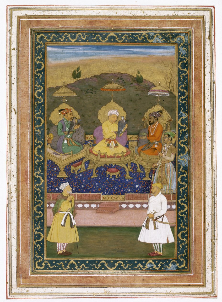 Keiserne Akbar, Jahangir og Shah Jahan med deres ministre og prins Dara Shikoh, ca. 1630-40 av Chitarman