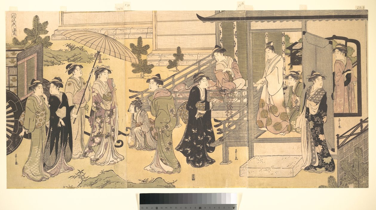En forkledd scene fra Fortellingen om Genji (Fūryū Yatsushi Genji), kapittel 33, «Blåregnblader (Fuji no uraba)» av Chobunsai Eishi