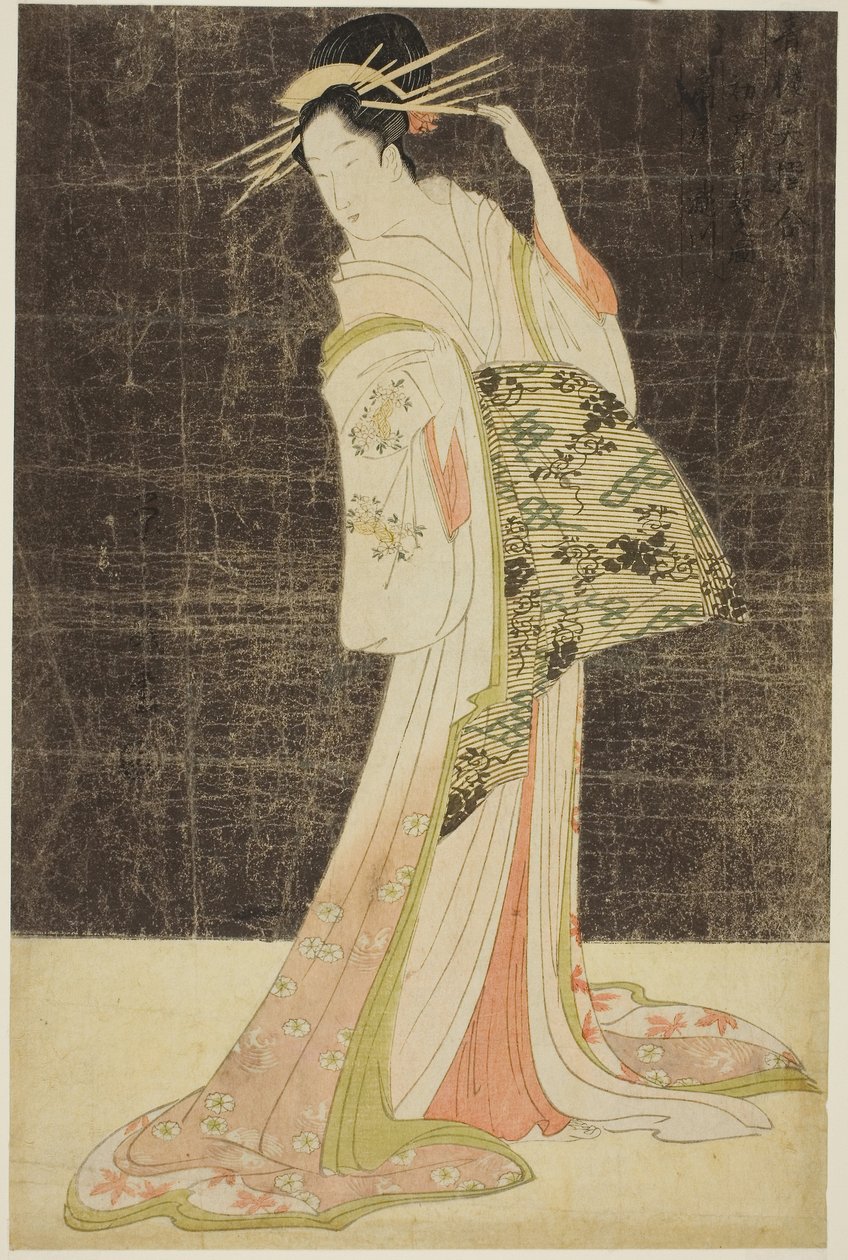 Et utvalg av skjønnhet fra fornøyelseskvarteret (Seiro bijin awase): Kurtisaner ansatt for nyttårsferien - Takigawa of the Ogiya, ca. 1794 (farget treblokktrykk; oban) av Chobunsai Eishi