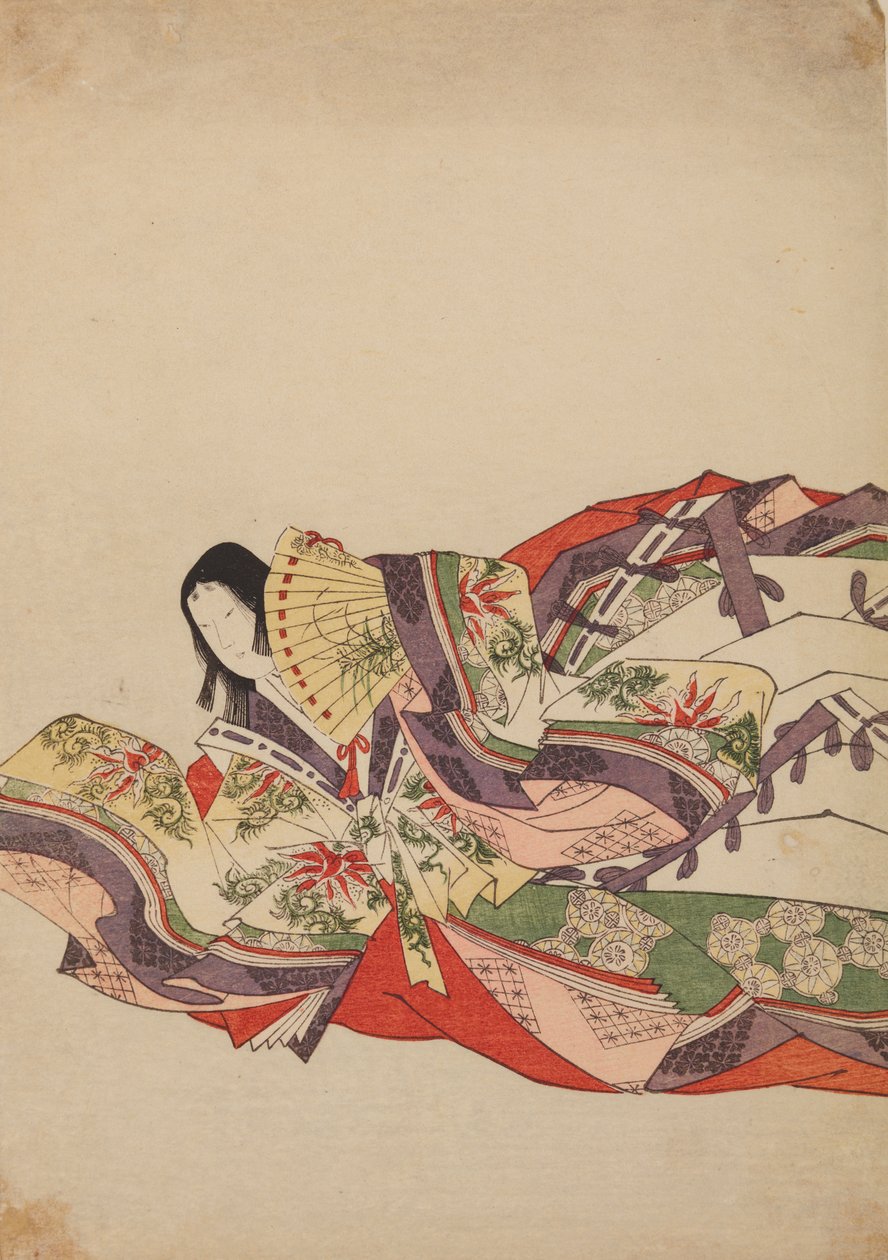 Sittende hoffdame, lent fremover med en vifte, plansje fra albumet: Nishiki-zuri onna sanju rokkasen e-zukushi av Chobunsai Eishi