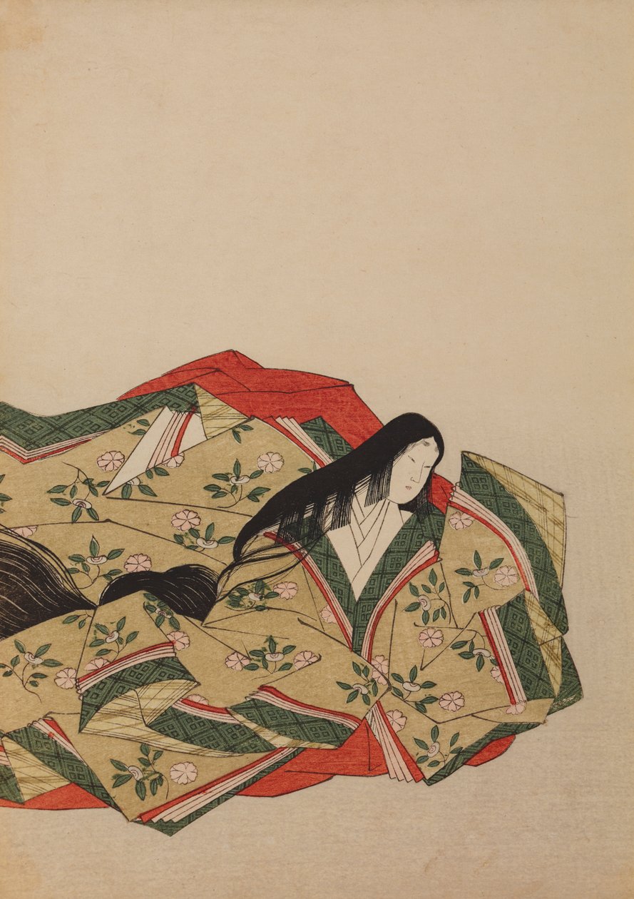 Hoffdame sittende i en olivengrå drakt med kirsebærblomstmotiv, plansje fra albumet: Nishiki-zuri onna sanju rokkasen e-zukushi av Chobunsai Eishi