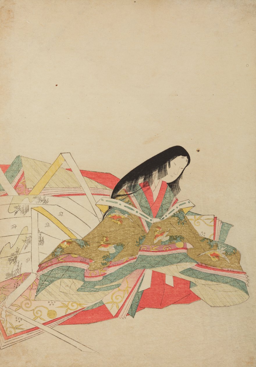 Sittende hoffdame i en drakt med hoo-fuglemønster, tavle fra albumet: Nishiki-zuri onna sanju rokkasen e-zukushi av Chobunsai Eishi