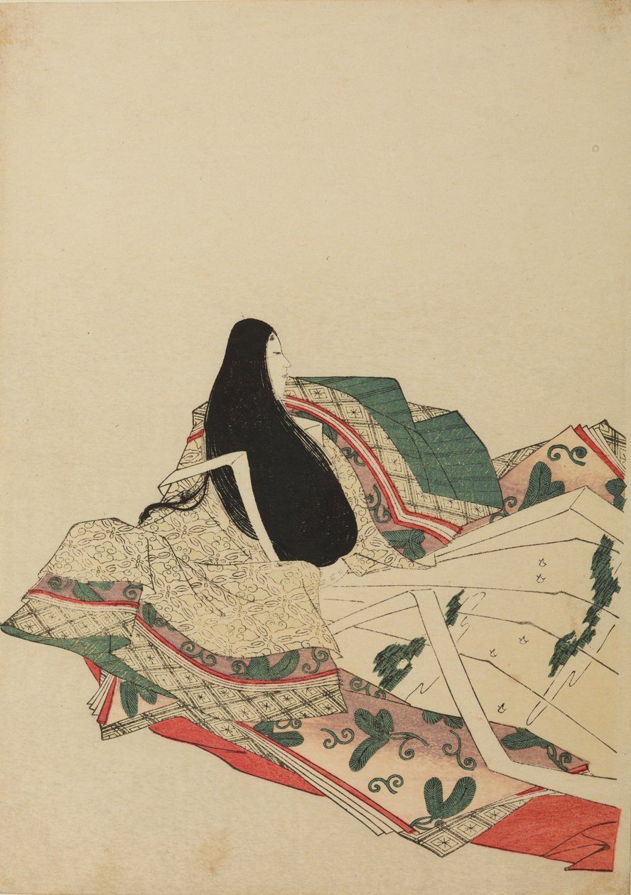 Sittende hoffdame, sett trekvart bakfra, plansje fra albumet: Nishiki-zuri onna sanju rokkasen e-zukushi av Chobunsai Eishi