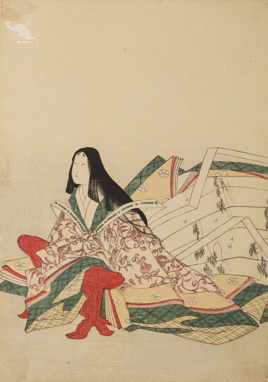 Sittende hoffdame, støttet mot en kyōsoku, plansje fra albumet: Trettiseks kvinnelige poeter / Illustrert samling av trettiseks kvinnelige poeter i brokadetrykk av Chobunsai Eishi