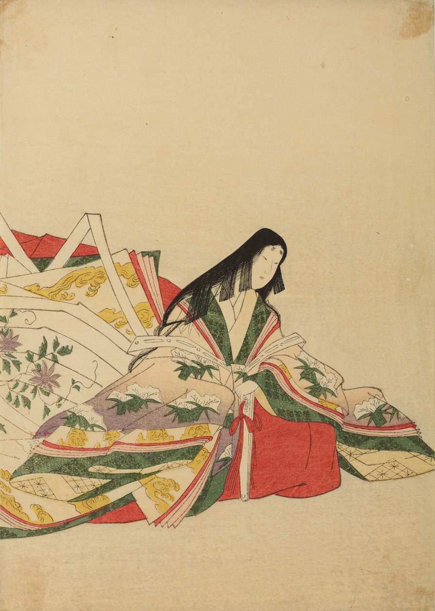 Sittende hoffdame, støttet mot en vifte, blad fra albumet: Nishiki-zuri onna sanju rokkasen e-zukushi av Chobunsai Eishi