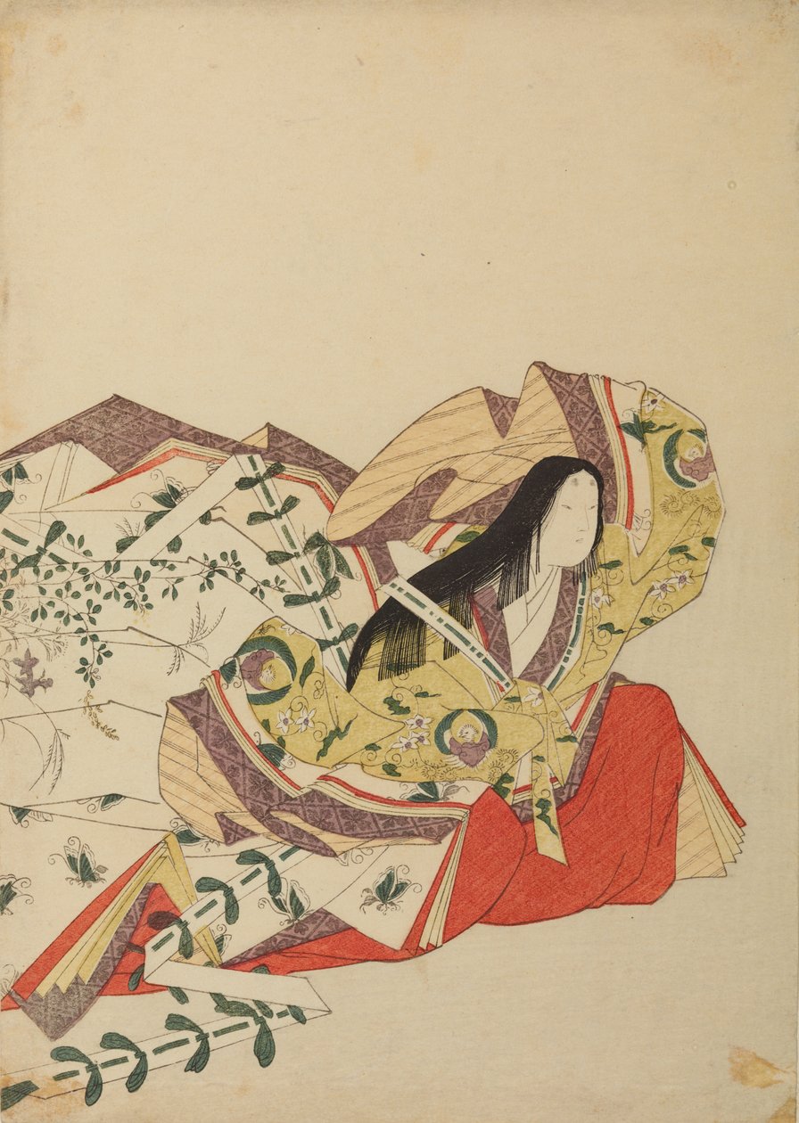 Sittende hoffdame med hånden løftet over hodet, plansje fra albumet: Trettiseks kvinnelige poeter / Nishiki-zuri onna rokkasen e-zukushi av Chobunsai Eishi
