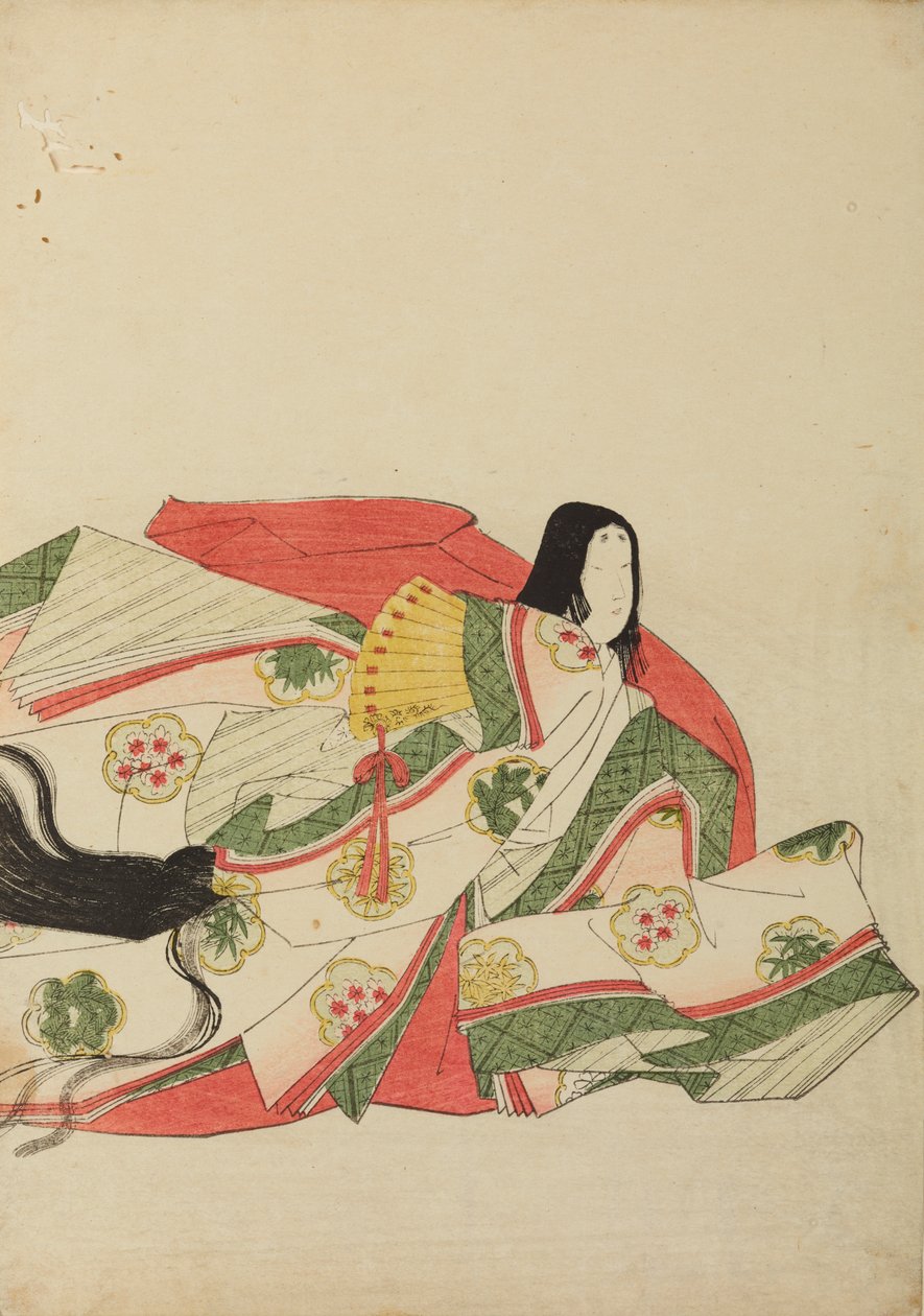 Sittende hoffdame med en gul vifte, plansje fra albumet: Nishiki-zuri onna sanju rokkasen e-zukushi av Chobunsai Eishi