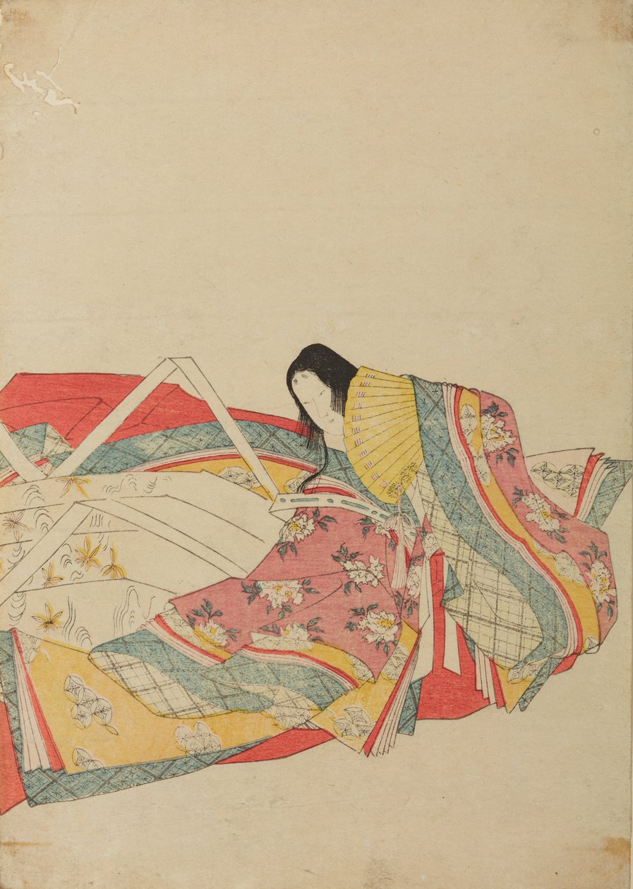 Sittende hoffdame med gul vifte, plansje fra albumet: Trettiseks kvinnelige poeter / Nishiki-zuri onna sanju rokkasen e-zukushi av Chobunsai Eishi