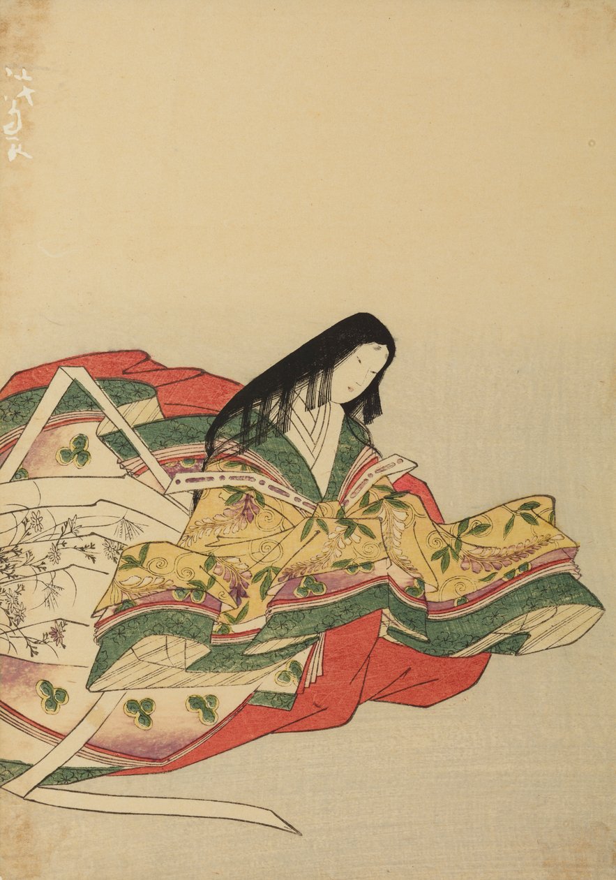 Sittende hoffdame, vendt mot høyre, plansje fra albumet: Nishiki-zuri onna sanju rokkasen e-zukushi av Chobunsai Eishi