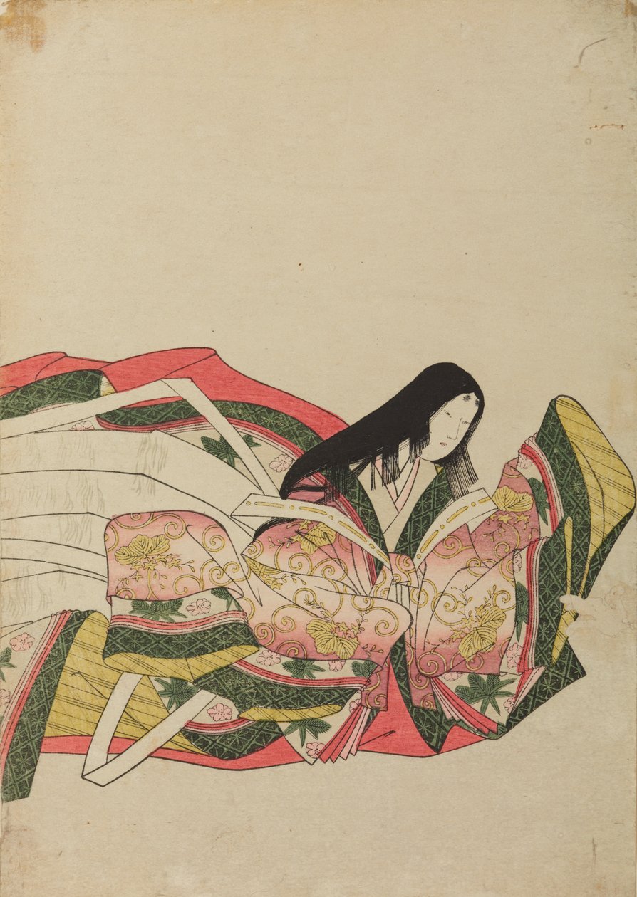 Sittende hoffdame, vendt mot høyre, plansje fra albumet: Trettiseks kvinnelige poeter / Nishiki-zuri onna sanju e-zukushi av Chobunsai Eishi