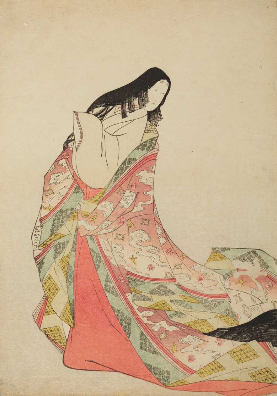Stående hoffdame i en lillarosa drakt som har glidd ned fra skuldrene, plansje fra albumet: Nishiki-zuri onna sanju rokkasen e-zukushi av Chobunsai Eishi