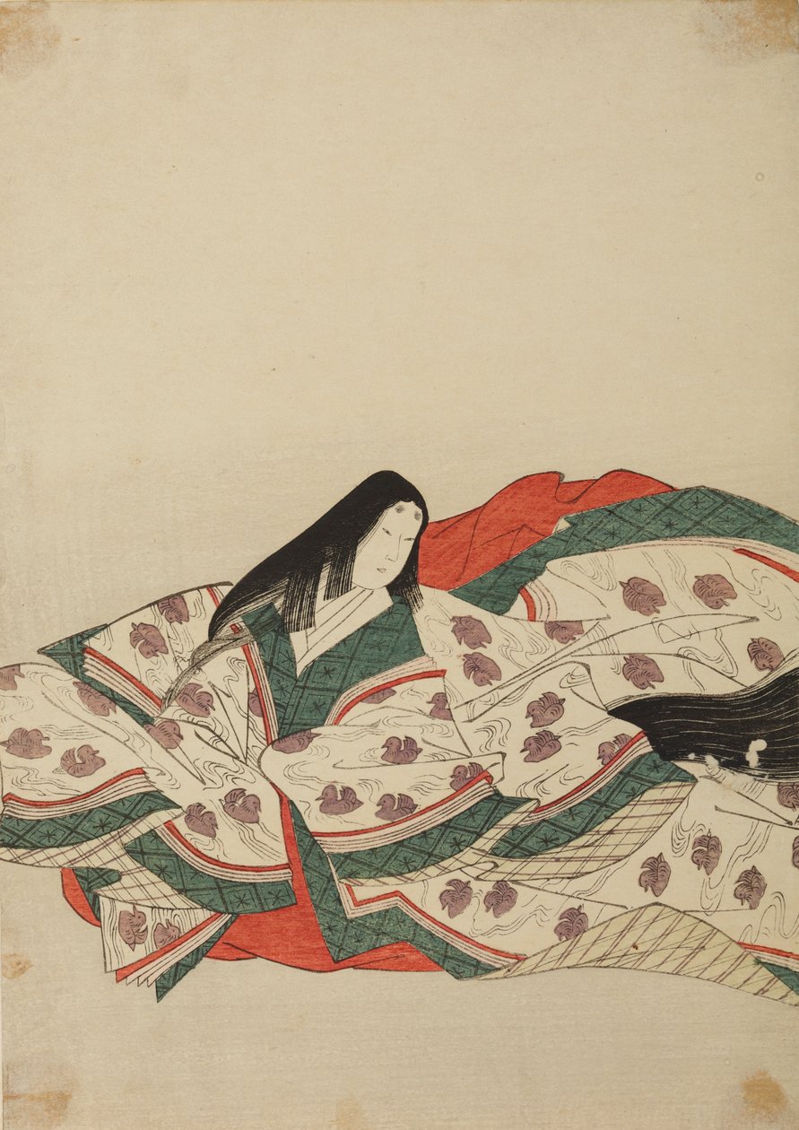 Hoffdame i hvit kimono med et mønster av andunger på vannet, tavle fra albumet: Nishiki-zuri onna sanju rokkasen e-zukushi av Chobunsai Eishi