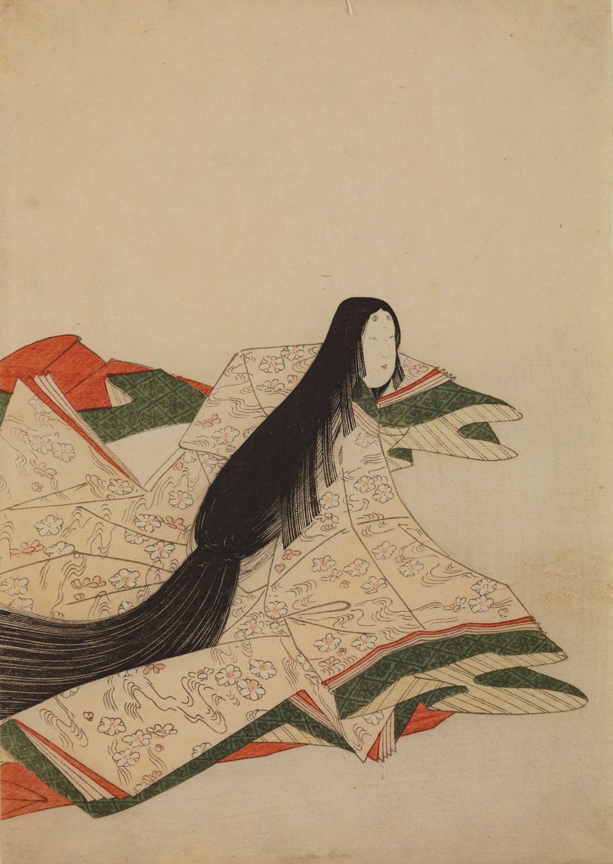 Hoffdame i rosa kimono med kirsebærblomstermønster på bølger, plansje fra albumet: Trettiseks poetinner / Nishiki-zuri onna sanju rokkasen e-zukushi av Chobunsai Eishi